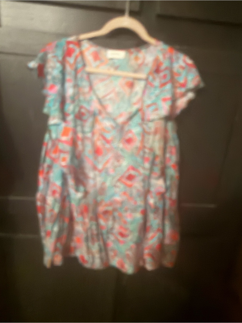 Women's Aqua & Coral Aztec Print V-Neck Blouse with ties Emily Wonder 2x